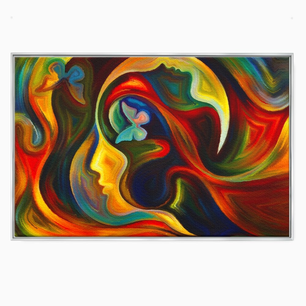 Tablou canvas cu pictura abstracta cu profil uman si fluturi, in rama de aluminiu argintiu